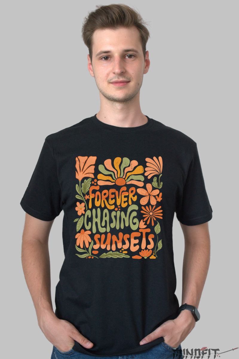 Tricou de Vara Forever Chasing Sunsets barbat negru fata