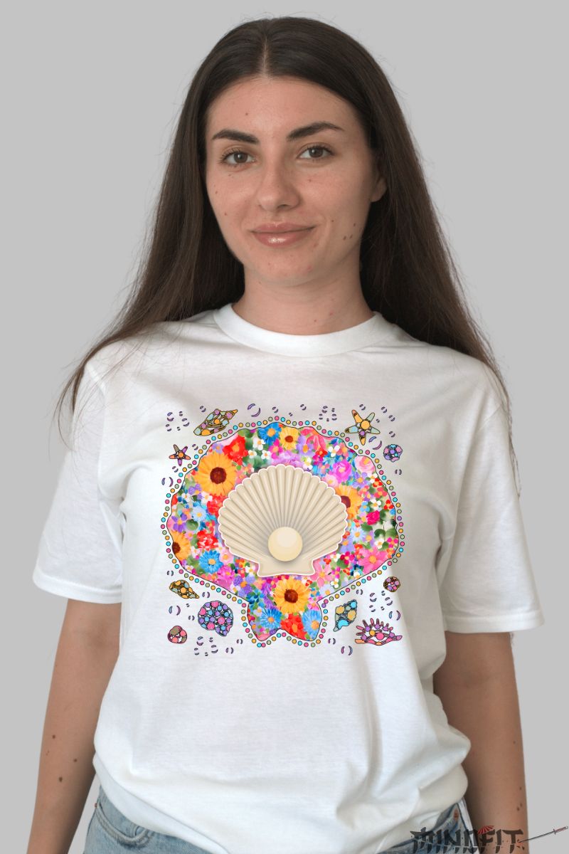 Tricou de Vara cu Scoica Viu Colorata dama alb fata