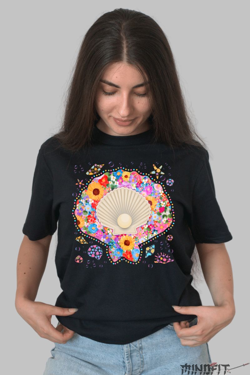 Tricou de Vara cu Scoica Viu Colorata dama negru fata