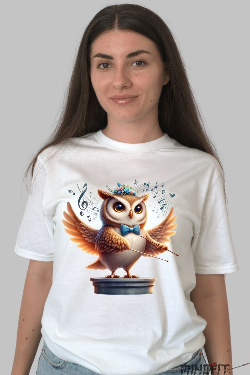Tricou personalizat Bufnita cu Note Muzicale dama alb fata
