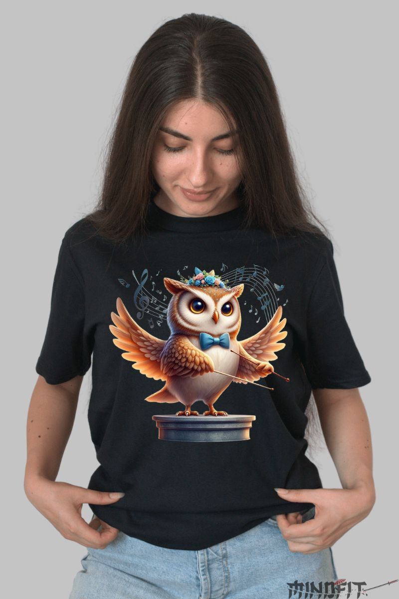 Tricou personalizat Bufnita cu Note Muzicale dama negru fata