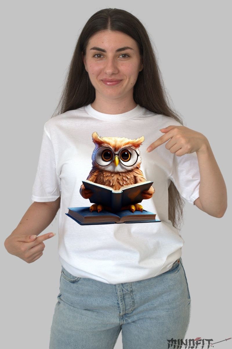Tricou personalizat Bufnita ochelari dama alb fata