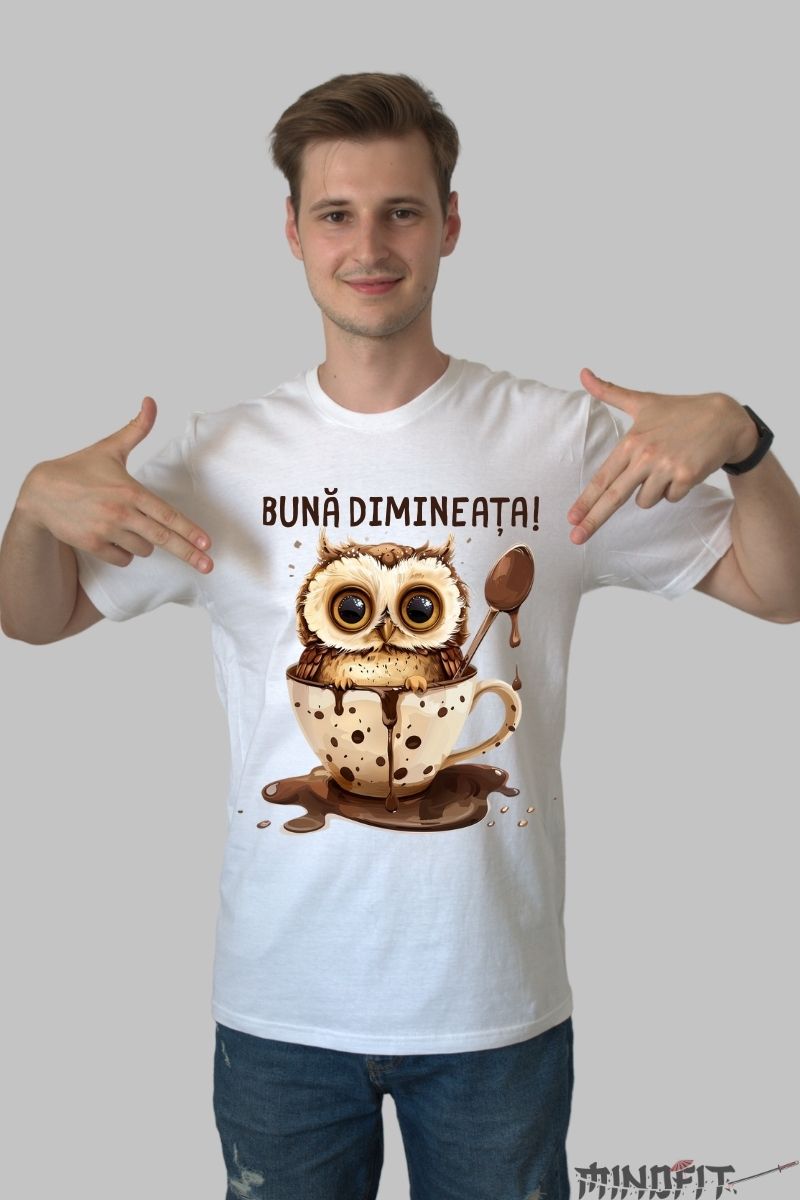 Tricou personalizat Bufnita cu poza cafea barbat alb fata