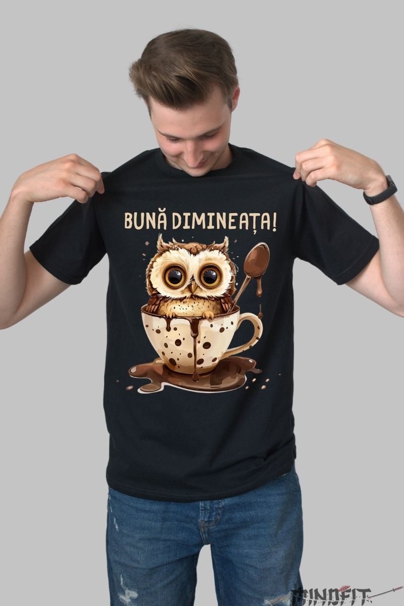 Tricou personalizat Bufnita cu poza cafea barbat negru fata