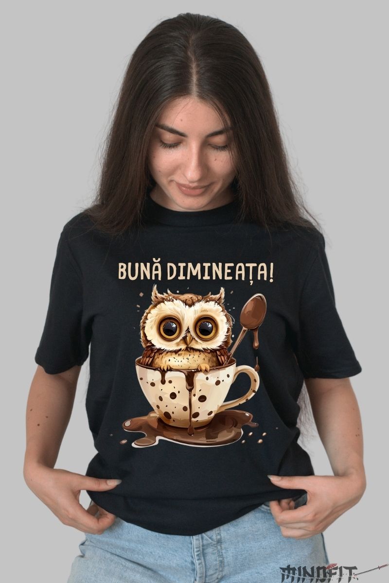 Tricou personalizat Bufnita cu poza cafea dama negru fata