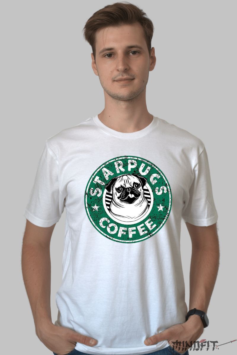 Tricou personalizat Caine Pug Starbucks barbat alb