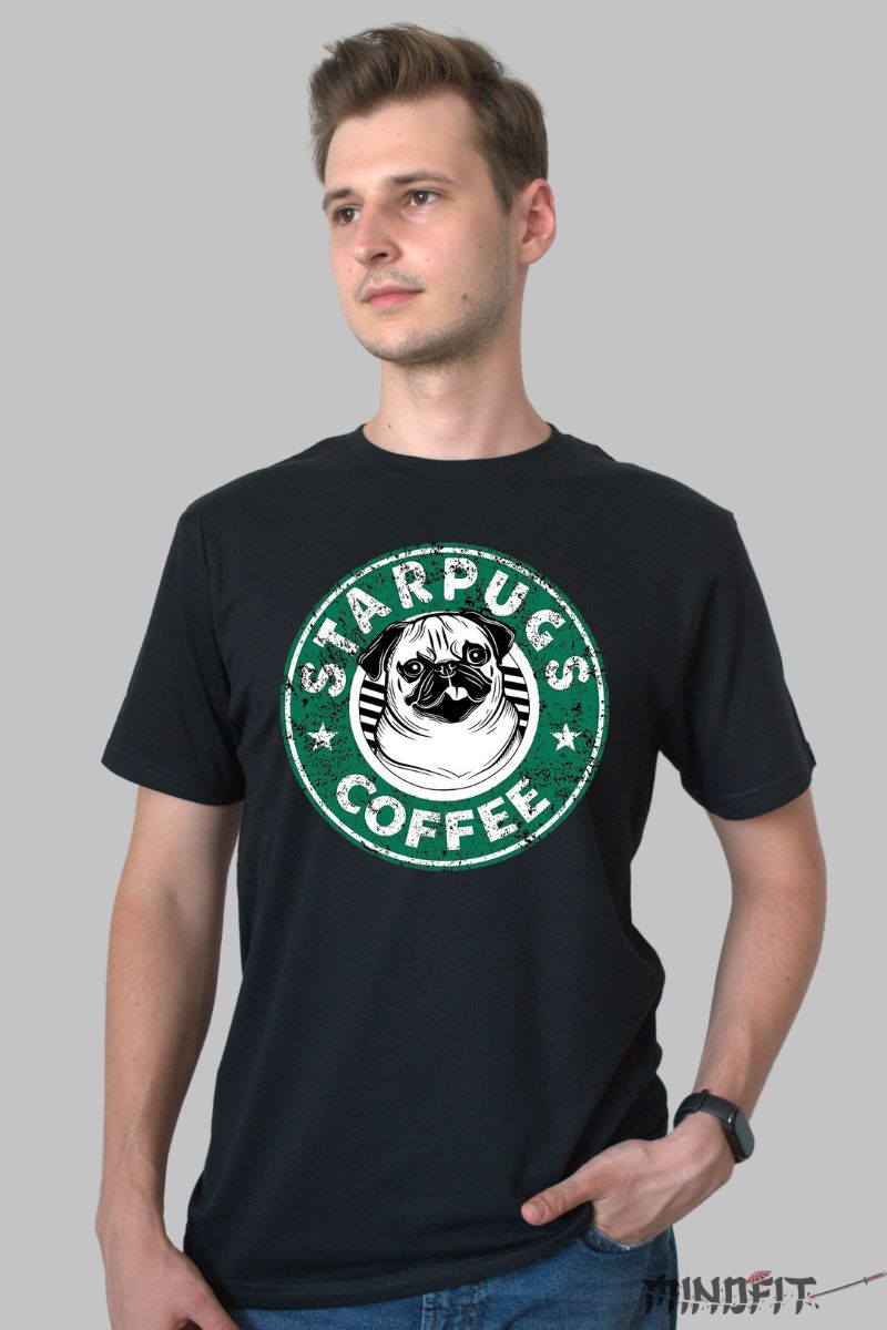 Tricou personalizat Caine Pug Starbucks barbat negru