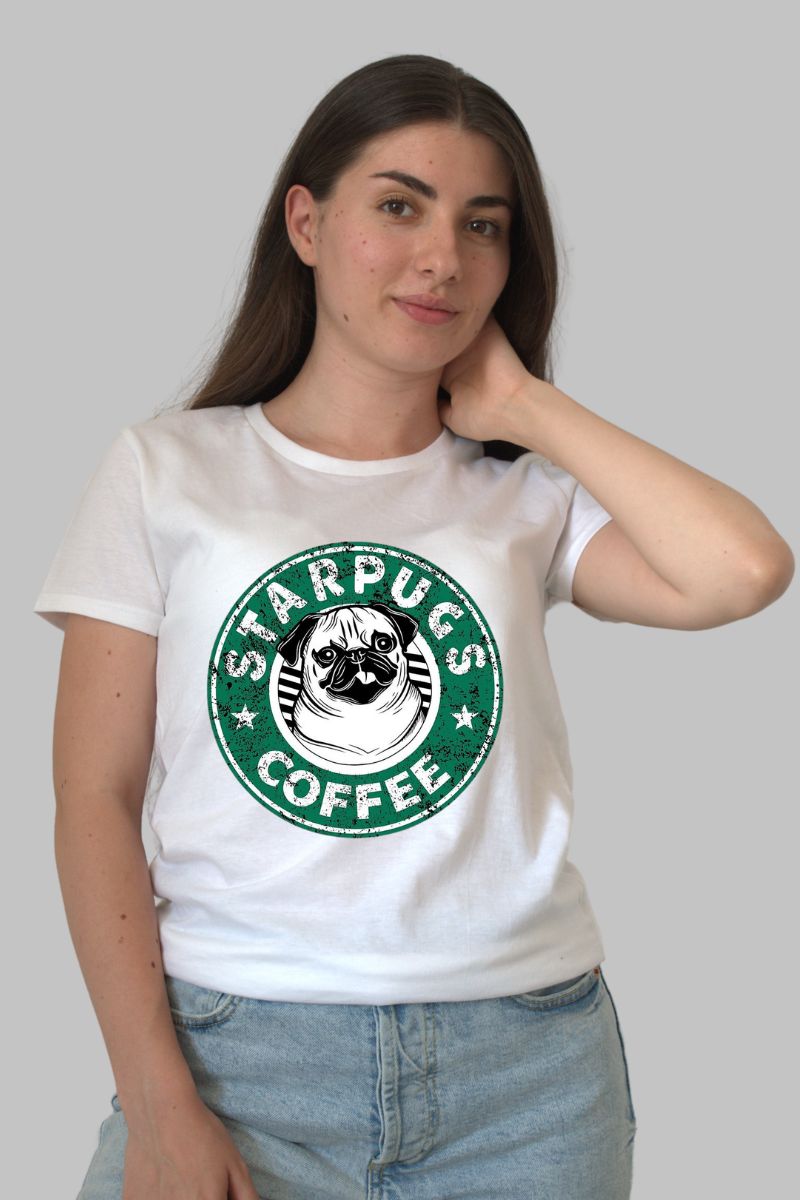 Tricou personalizat Caine Pug Starbucks dama alb