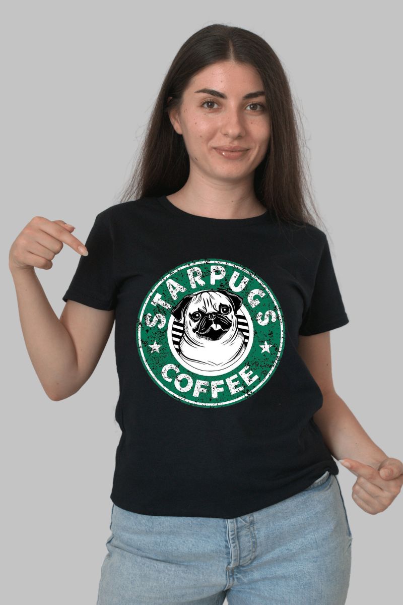 Tricou personalizat Caine Pug Starbucks dama negru