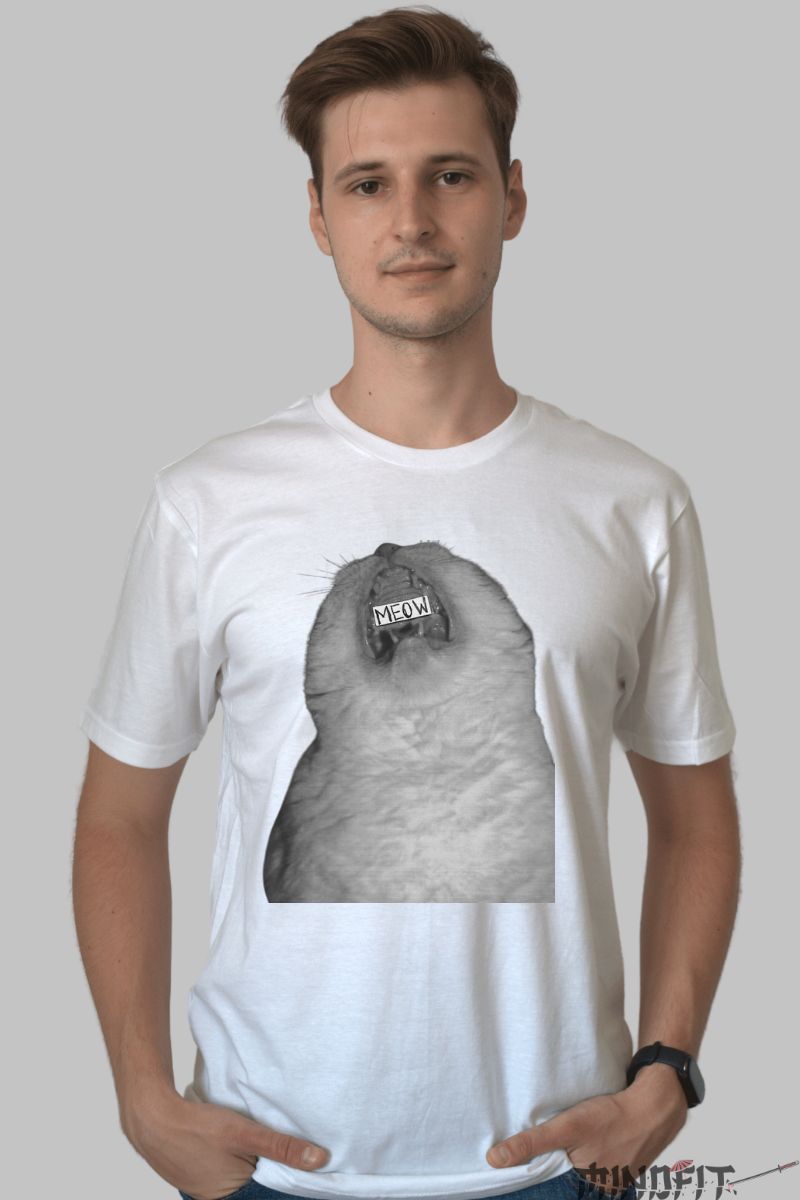 Tricou Cu Pisica Miaumiau barbat alb fata