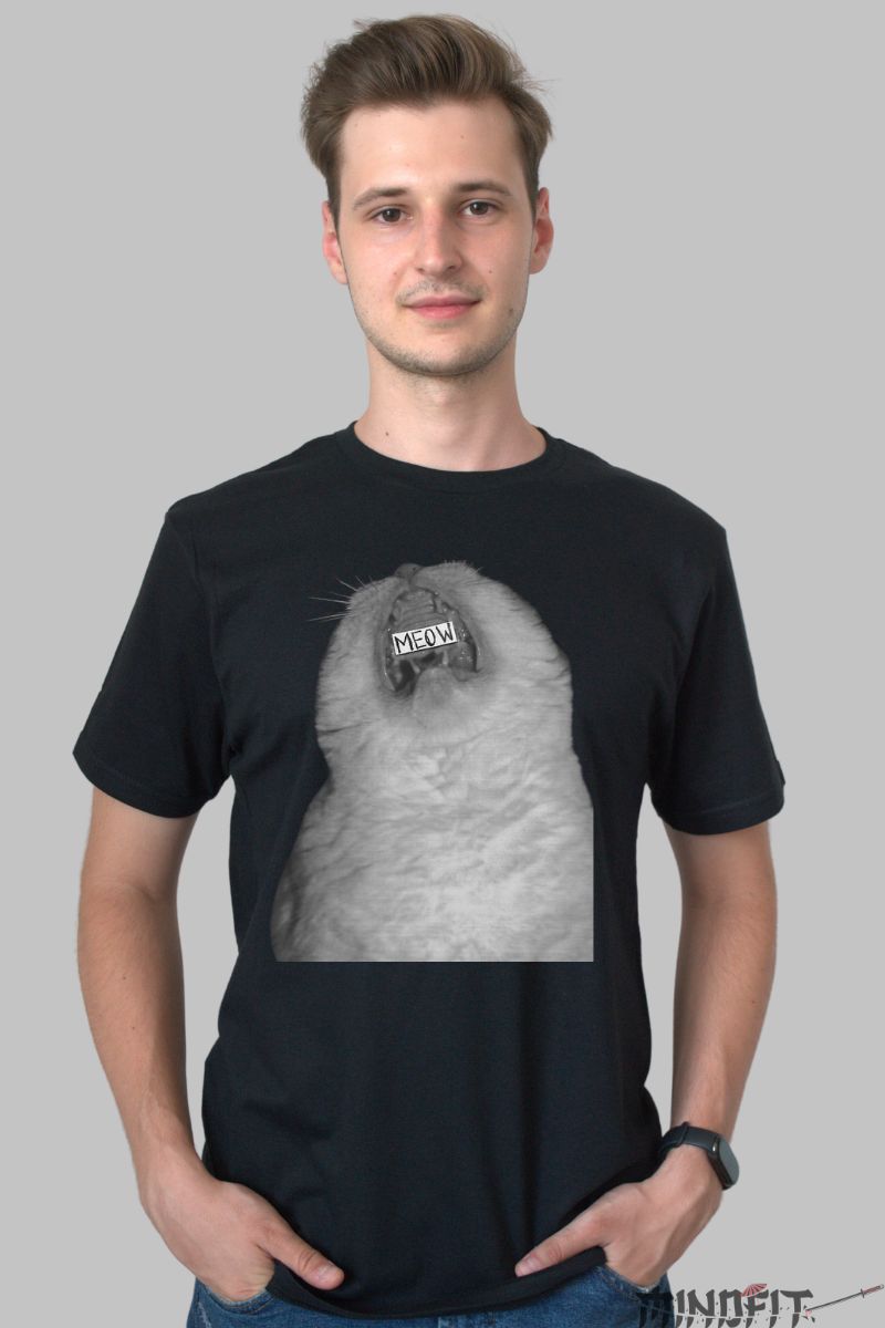 Tricou Cu Pisica Miaumiau barbat negru fata
