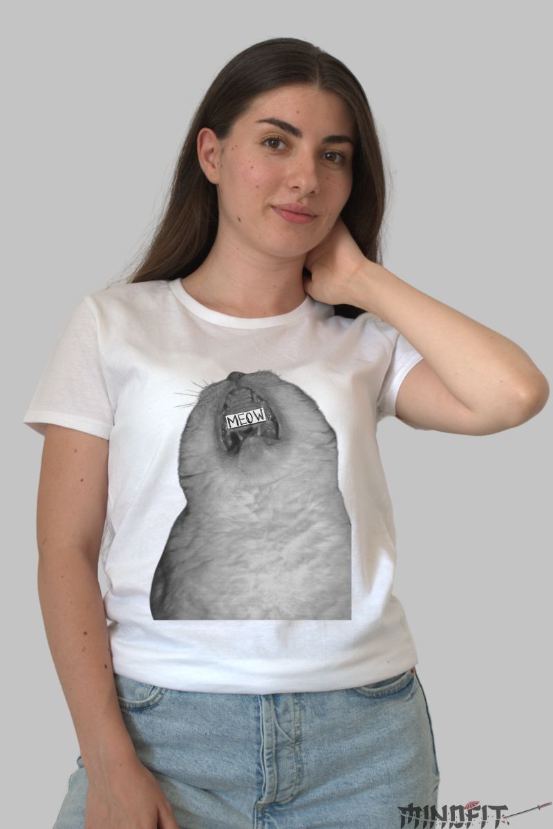 Tricou Cu Pisica Miaumiau dama alb fata