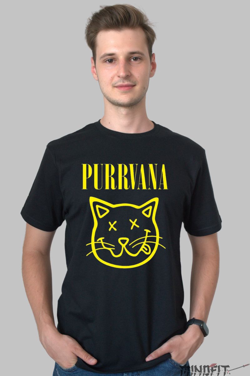 Tricou Pisica Purrvana barbat negru fata