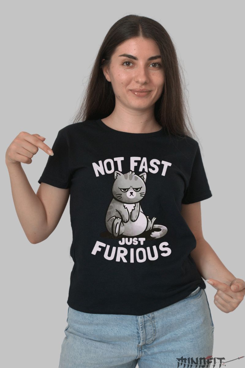 Tricou personalizat Pisica amuzanta dama negru fata
