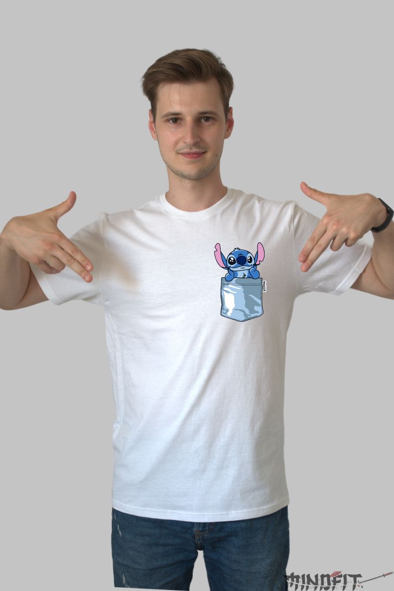 Tricou personalizat cu Stitch Albastru barbat alb fata