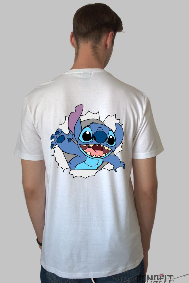 Tricou personalizat cu Stitch Albastru barbat alb spate