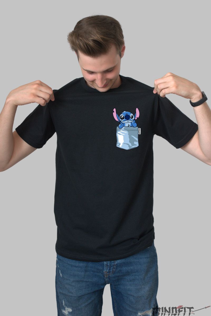 Tricou personalizat cu Stitch Albastru barbat negru fata
