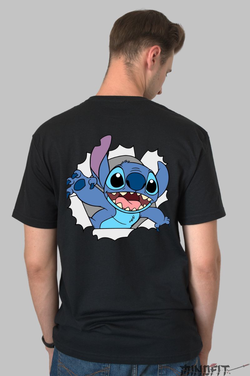 Tricou personalizat cu Stitch Albastru barbat negru spate