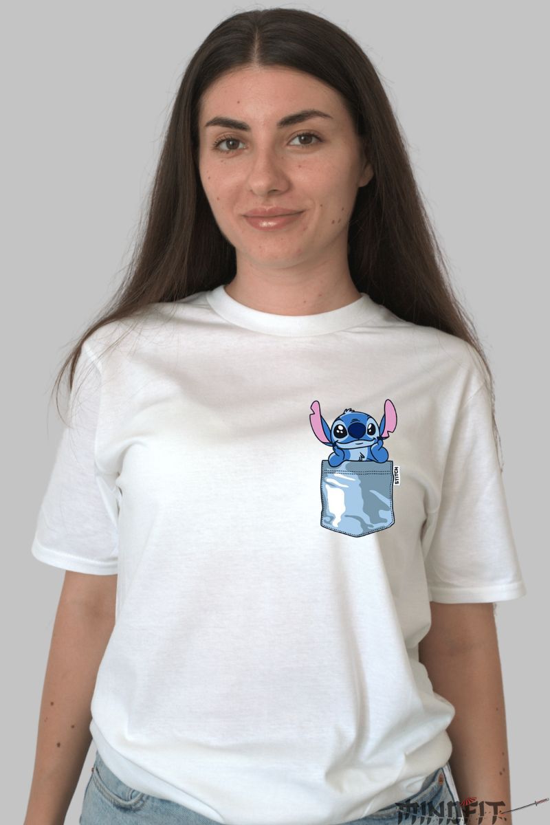 Tricou personalizat cu Stitch Albastru dama alb fata
