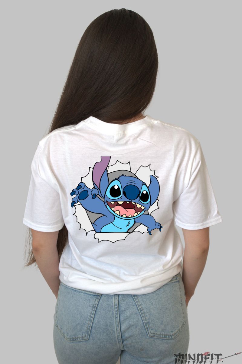 Tricou personalizat cu Stitch Albastru dama alb spate