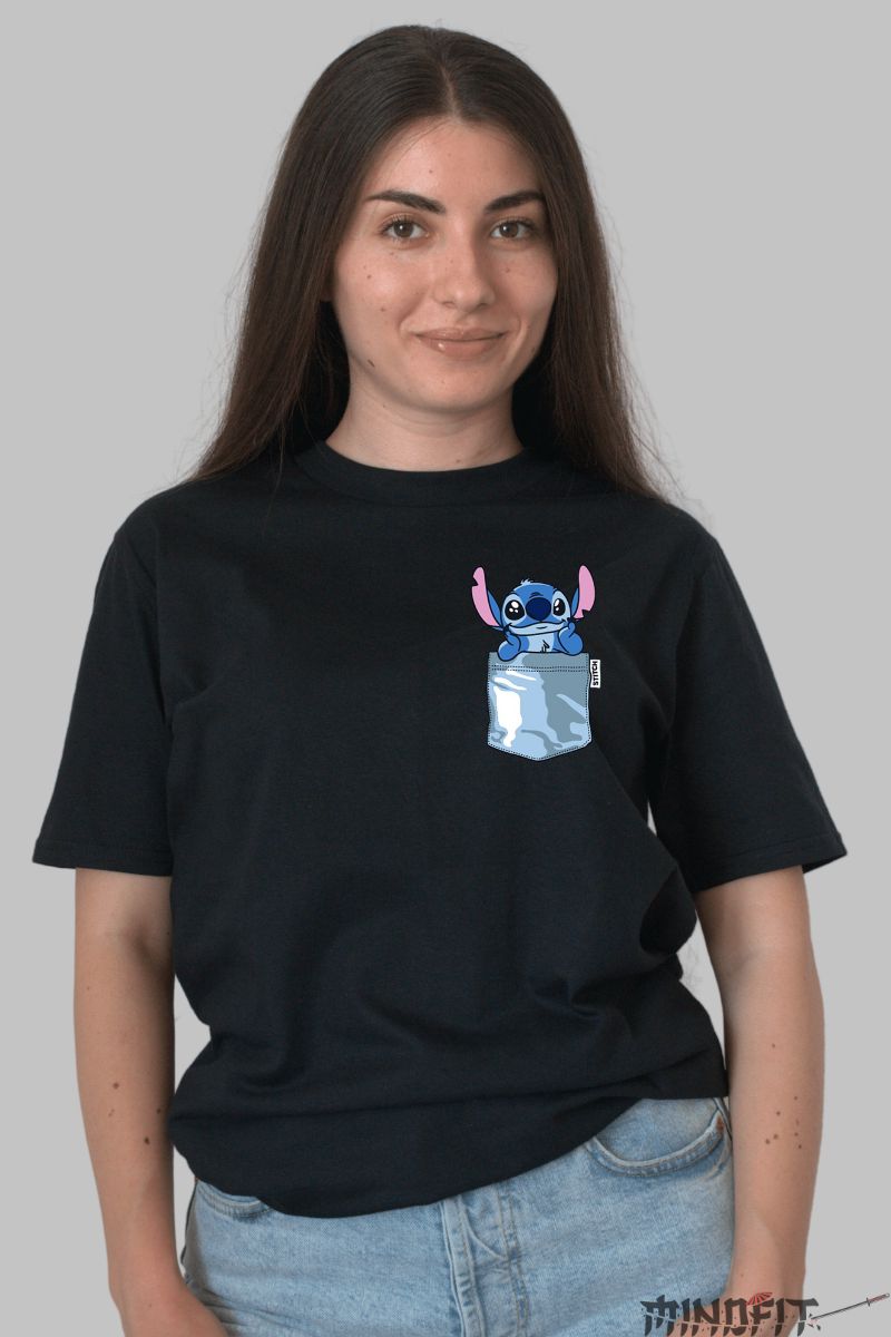 Tricou personalizat cu Stitch Albastru dama negru fata