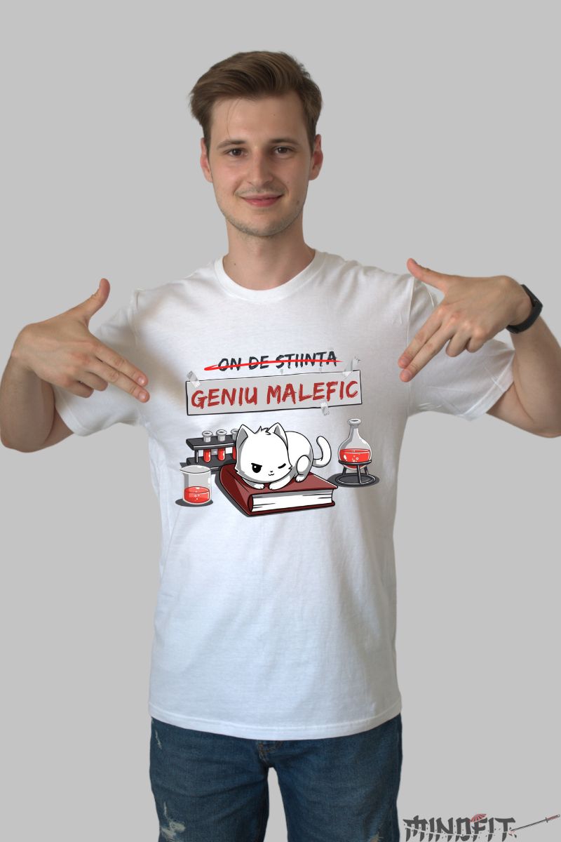 Tricou personalizat pisica comica geniu barbat alb fata