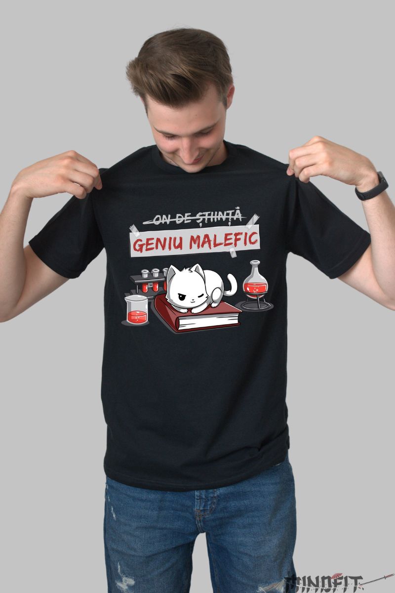 Tricou personalizat pisica comica geniu barbat negru fata