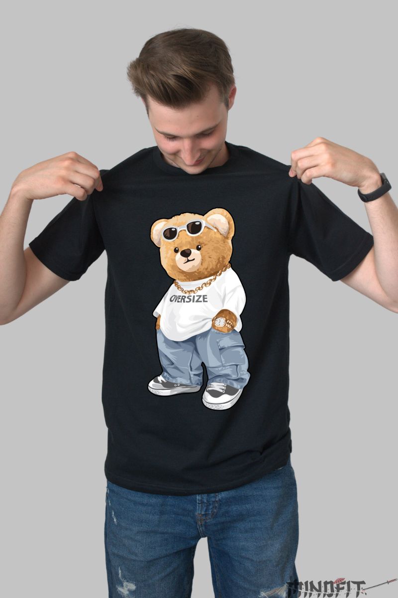 Tricou personalizat ursulet plus mare barbat negru fata