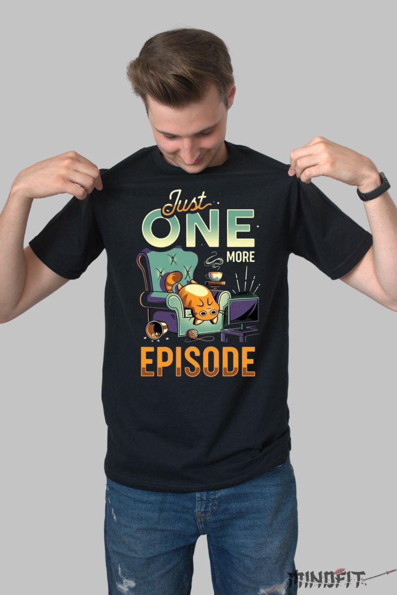 Tricou Pisica Just One More Episode barbat negru fata