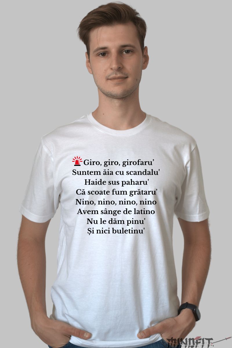 Tricou barbat alb personalizat cu versuri din melodia "A venit Politia"