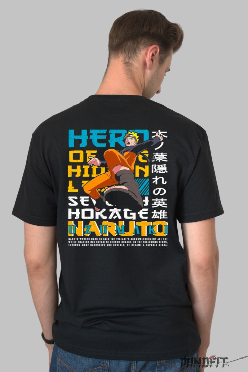Tricou Naruto Hero of Konoha barbat negru spate