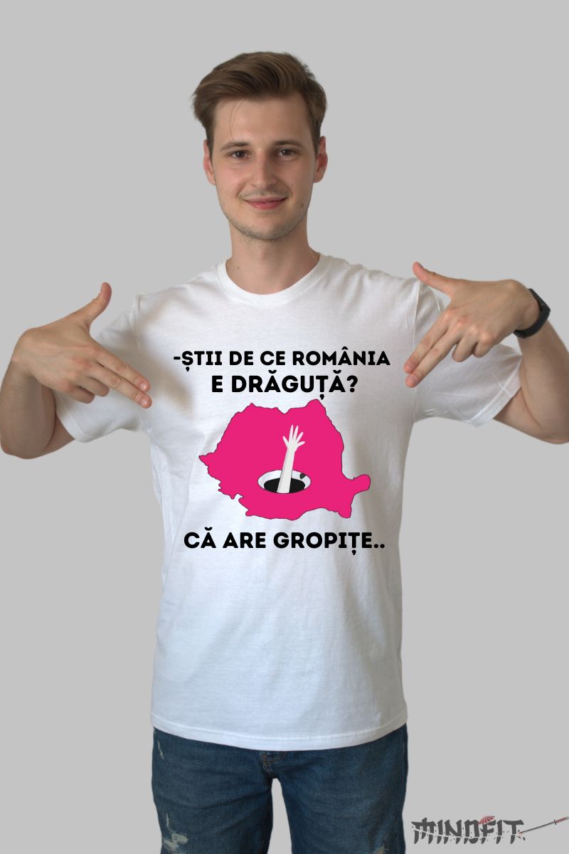 Tricou cu Mesaj Romania cu Gropite barbat alb fata