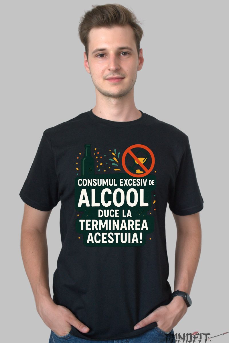 Tricou Amuzant cu Mesaj Consumul de Alcool barbat negru fata