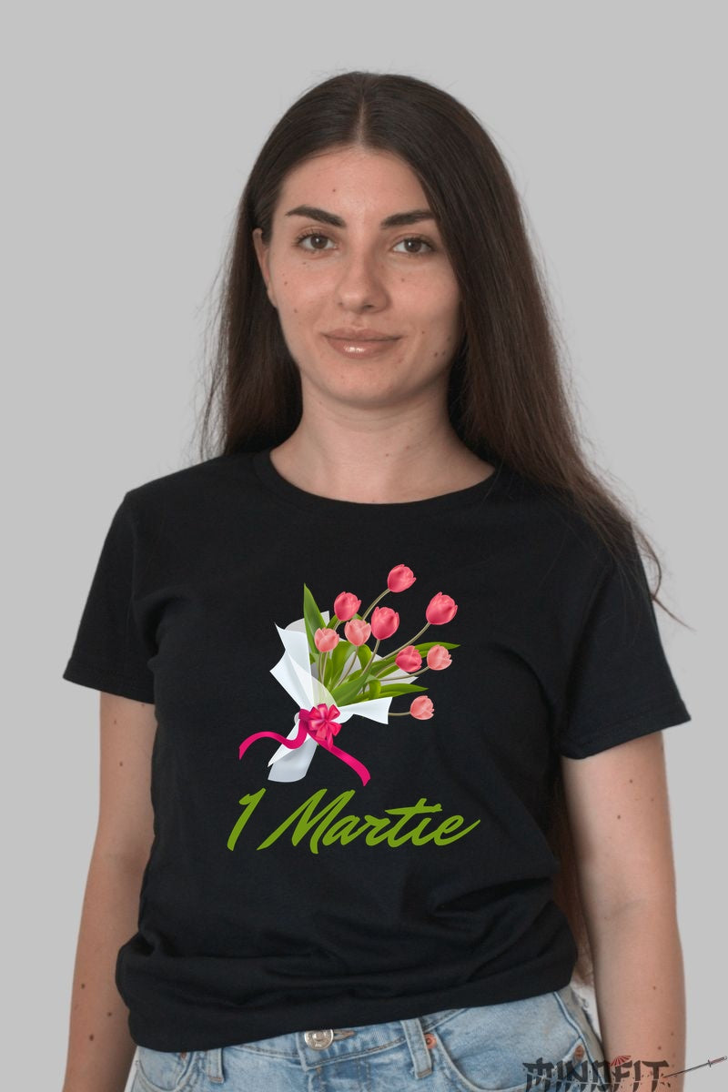Tricou 1 Martie - Buchet De Lalele Roz Dama Negru