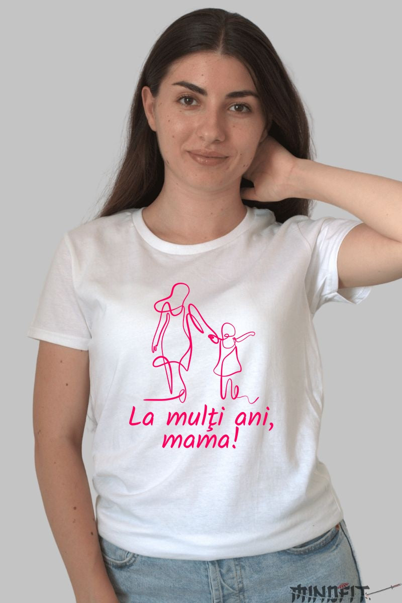 Tricou 8 Martie - Mama si Copil Contur Roz Dama Alb