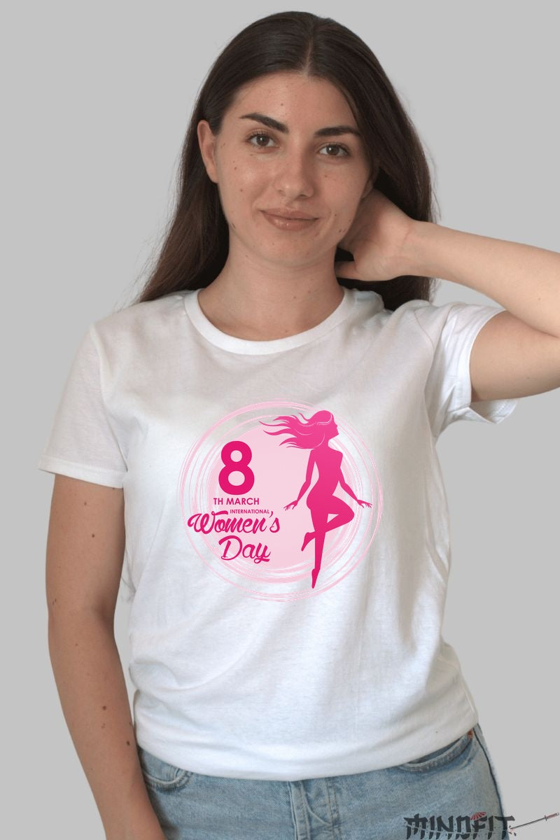 Tricou 8 Martie - Silueta Feminina Roz Dama Alb