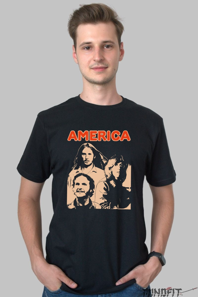 Tricou America Band - Portret Retro in Contrast barbat negru