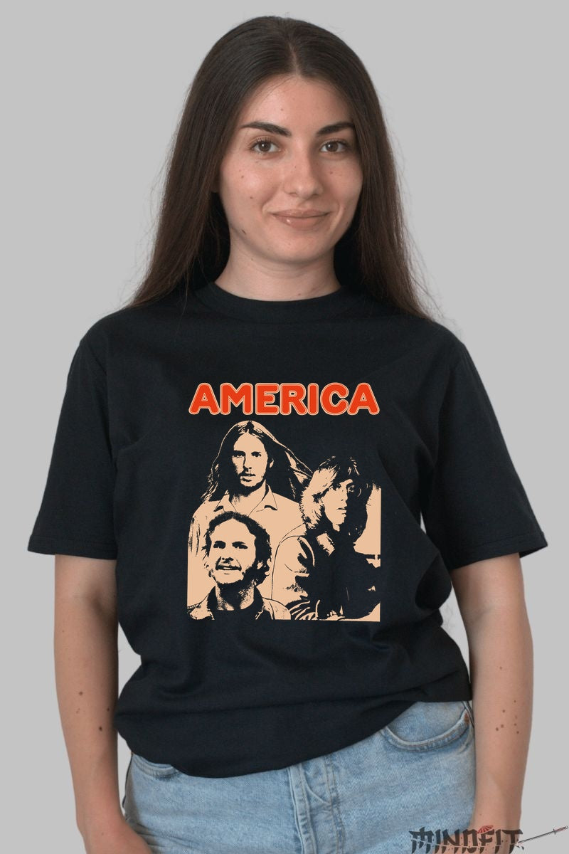 Tricou America Band - Portret Retro in Contrast dama negru