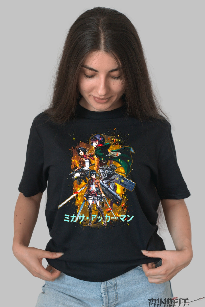 Tricou Anime Attack on Titan - Mikasa Furia Lamelor Dama Negru