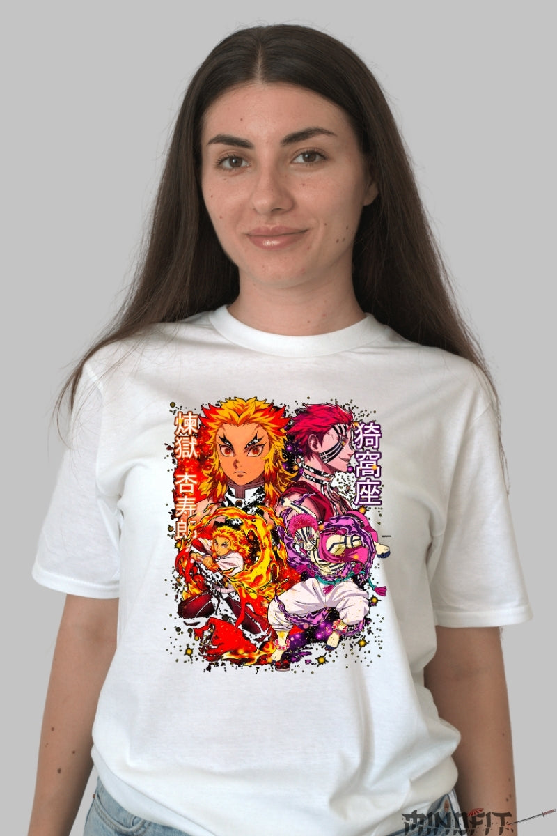 Tricou Anime Demon Slayer - Batalia Finala Rengoku vs Akaza dama alb