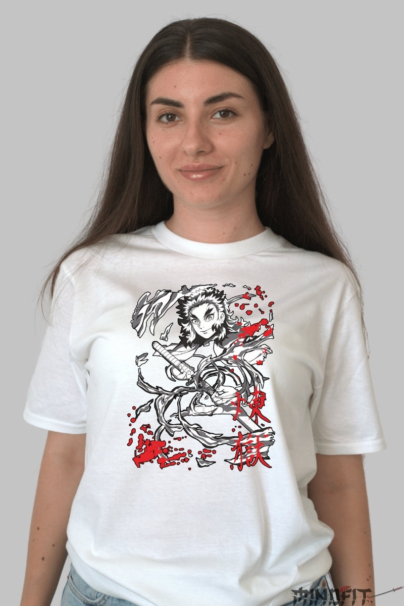 Tricou Anime Demon Slayer - Rengoku Flame Hashira dama alb