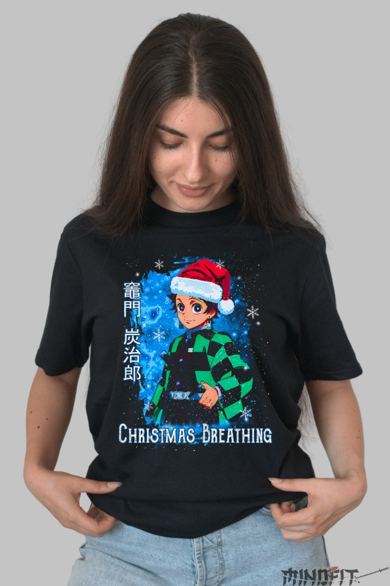 Tricou Anime Demon Slayer - Tanjiro Christmas Breathing Dama Negru