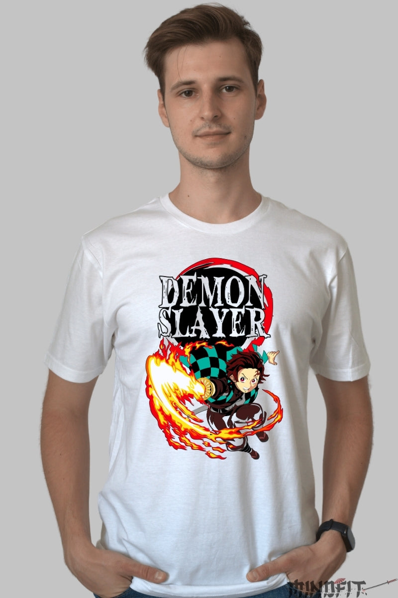 Tricou Anime Demon Slayer - Tanjiro Flame Slash barbat alb