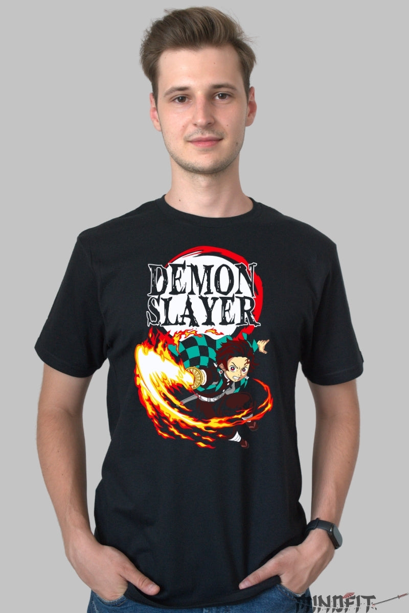 Tricou Anime Demon Slayer - Tanjiro Flame Slash barbat negru