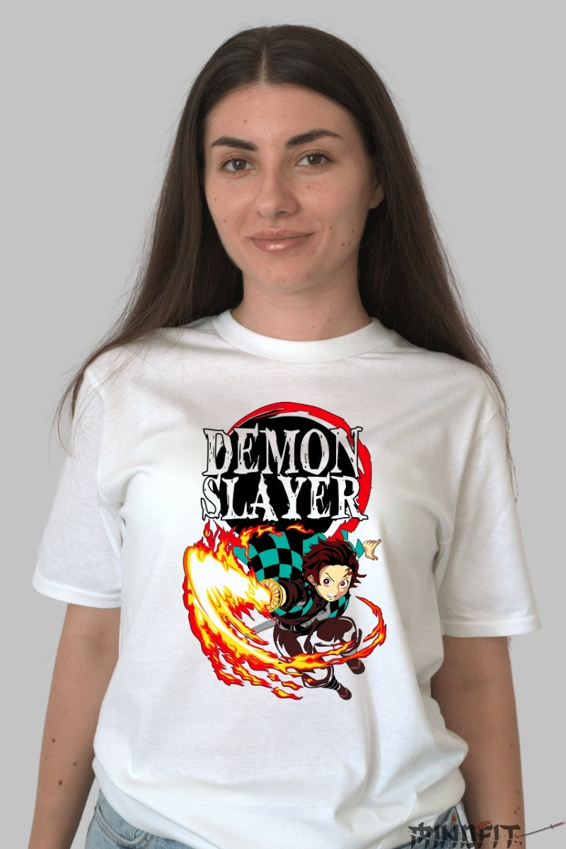 Tricou Anime Demon Slayer - Tanjiro Flame Slash dama alb