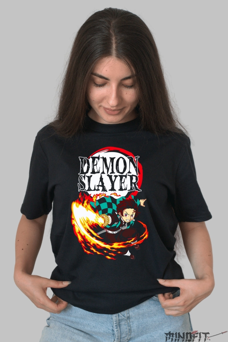 Tricou Anime Demon Slayer - Tanjiro Flame Slash dama negru