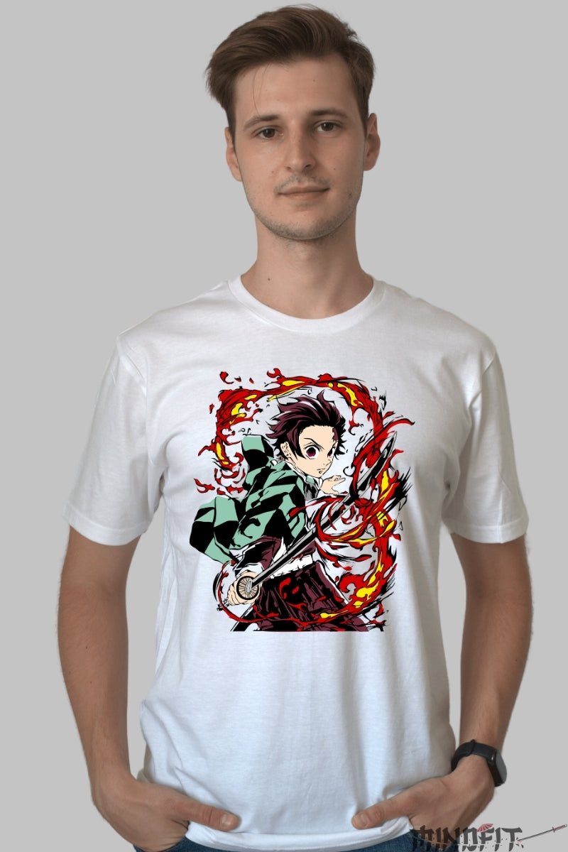 Tricou Anime Demon Slayer - Tanjiro Kamado Flame Strike barbat alb