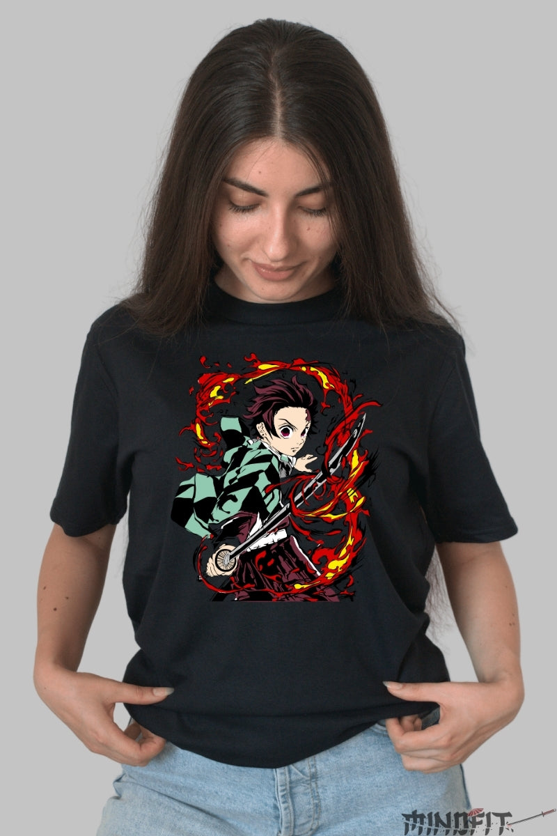 Tricou Anime Demon Slayer - Tanjiro Kamado Flame Strike dama negru