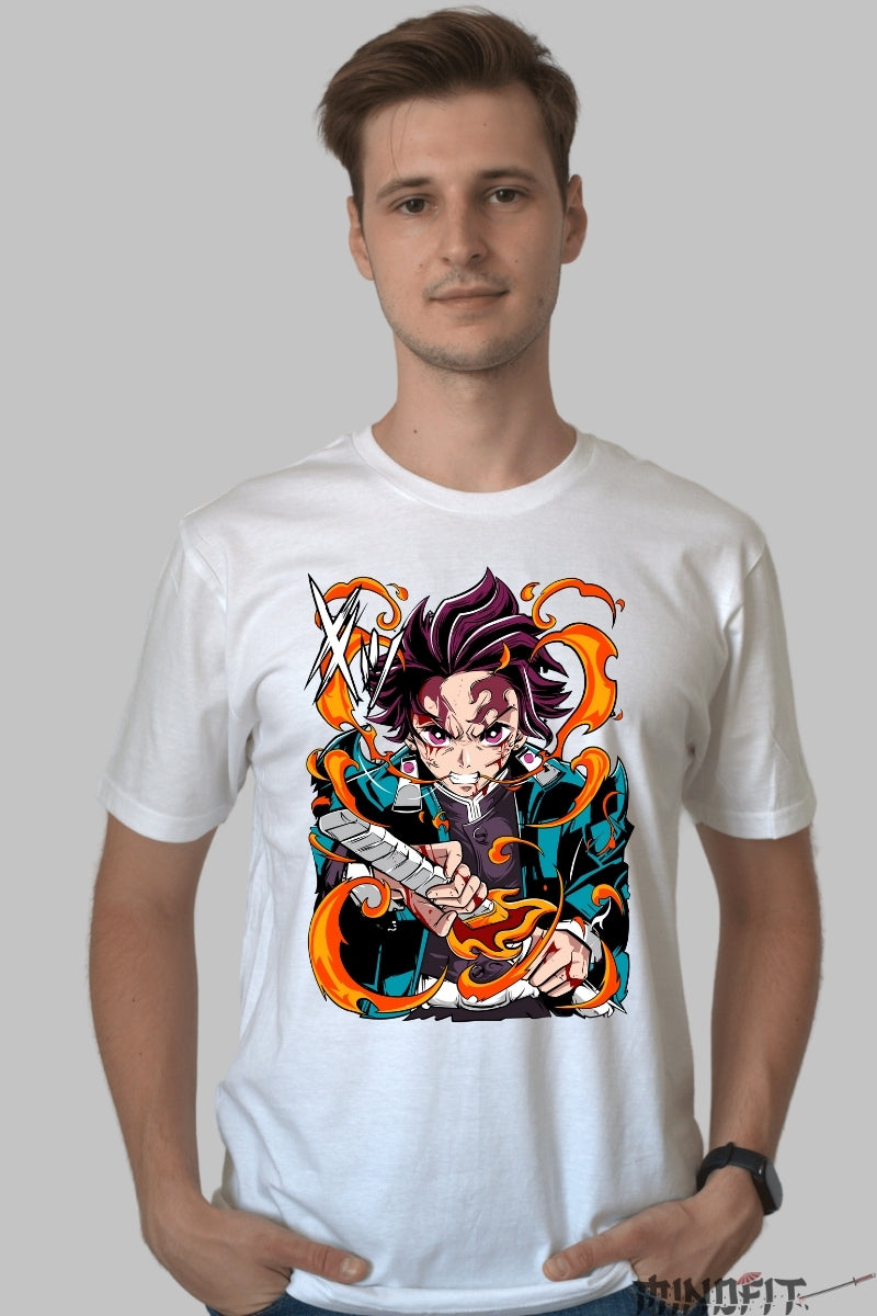 Tricou Anime Demon Slayer - Tanjiro Spiritul Flacarii barbat alb
