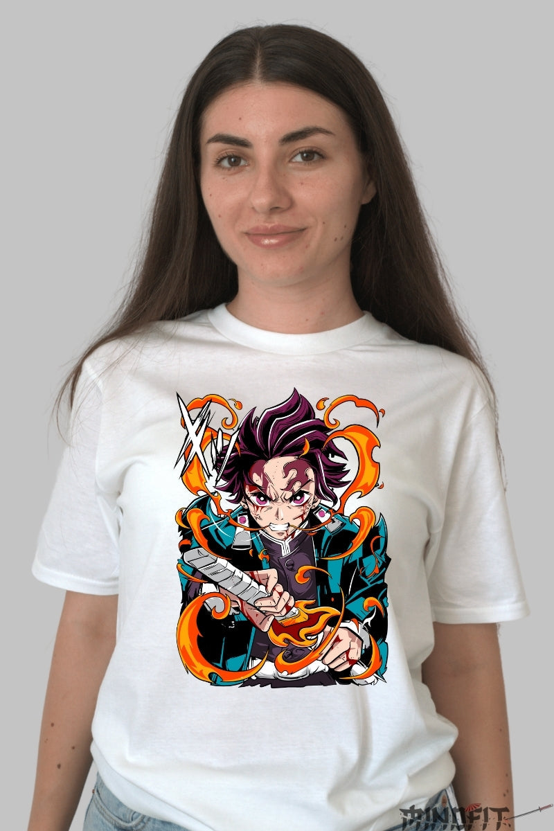 Tricou Anime Demon Slayer - Tanjiro Spiritul Flacarii dama alb